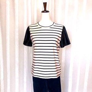 J. Crew S striped tee with “faux” leather sleeves